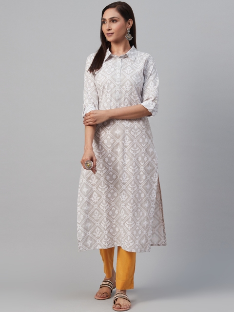 

AHIKA Women Grey & White Printed Pathani Kurta