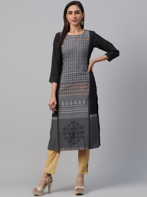 

AHIKA Women Black & Grey Printed Straight Kurta