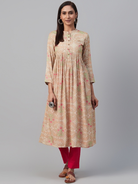 

AHIKA Women Beige & White Printed A-Line Kurta