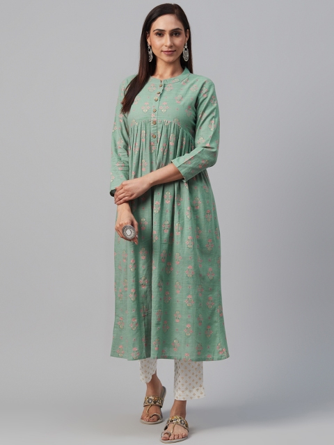 

AHIKA Women Green & Pink Printed A-Line Kurta