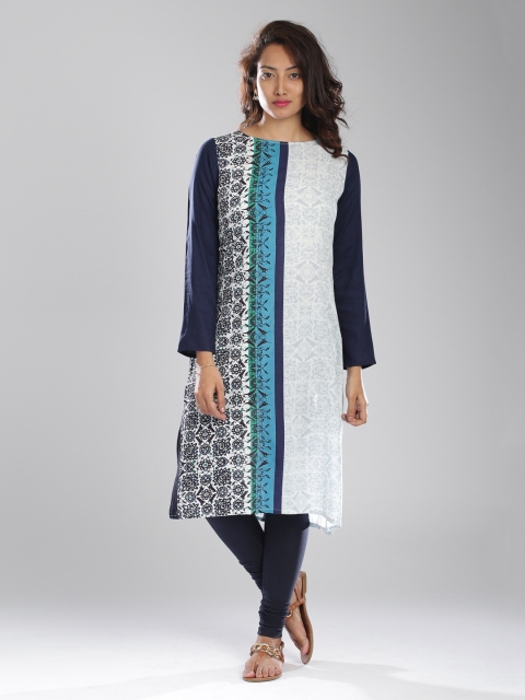 

IMARA Women Navy Blue & White Printed Straight Kurta