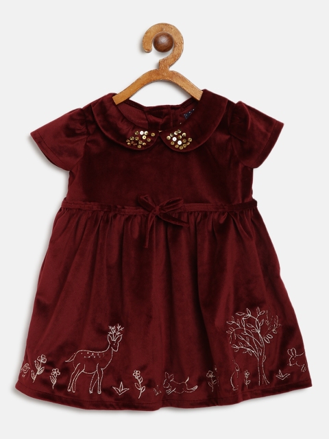 

Nauti Nati Girls Maroon Velvet Finish A-Line Dress With Embroidered Detail