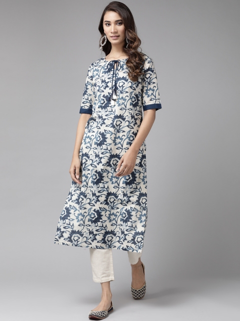 

Anouk Women White & Blue Floral Printed Straight Kurta