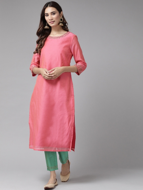 

Anouk Women Pink & Green Solid Kurta with Trousers