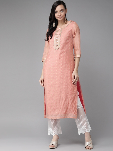 

Anouk Women Peach-Coloured & White Woven Design Kurta with Trousers