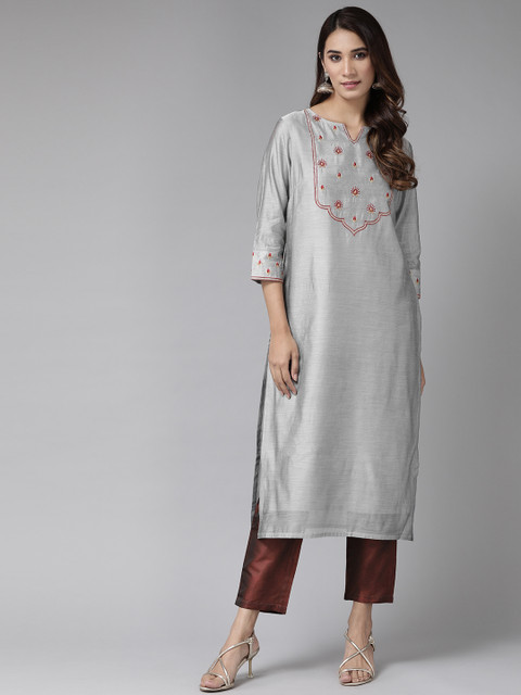 

Anouk Women Grey & Burgundy Woven Design Kurta with Trousers