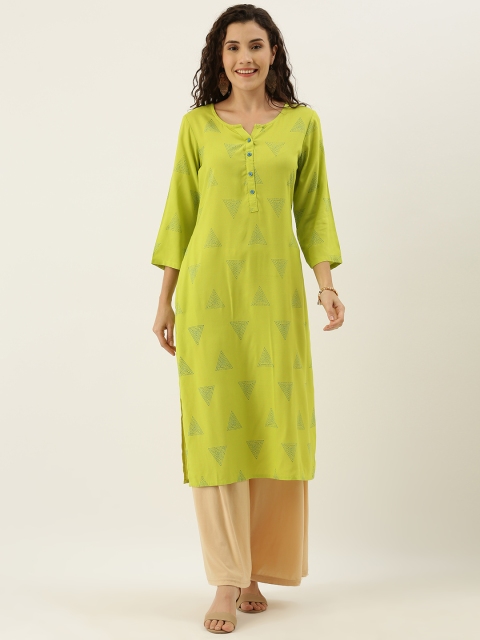 

FLAVIDO Women Lime Green & Blue Printed Straight Kurta