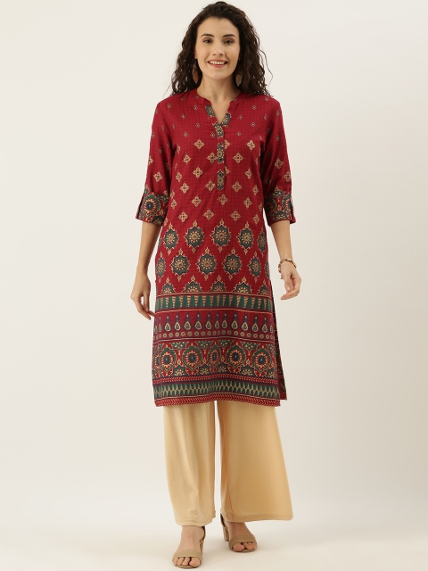 

FLAVIDO Women Maroon & Beige Printed Straight Kurta