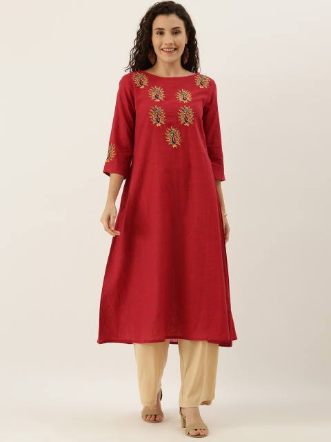 

FLAVIDO Women Rust & Blue Embroidered A-Line Kurta