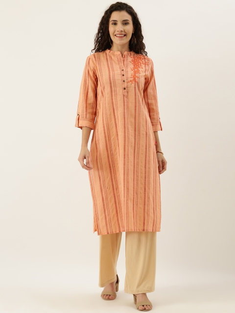 

FLAVIDO Women Peach-Coloured & Brown Striped Straight Kurta With Embroidery