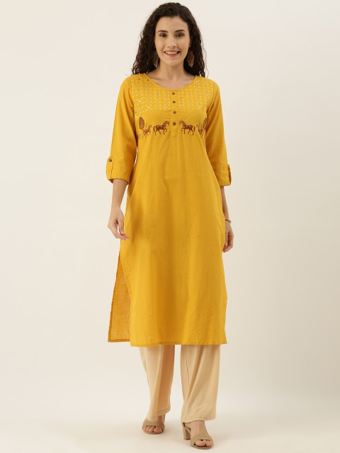

FLAVIDO Women Yellow Embroidered Straight Kurta