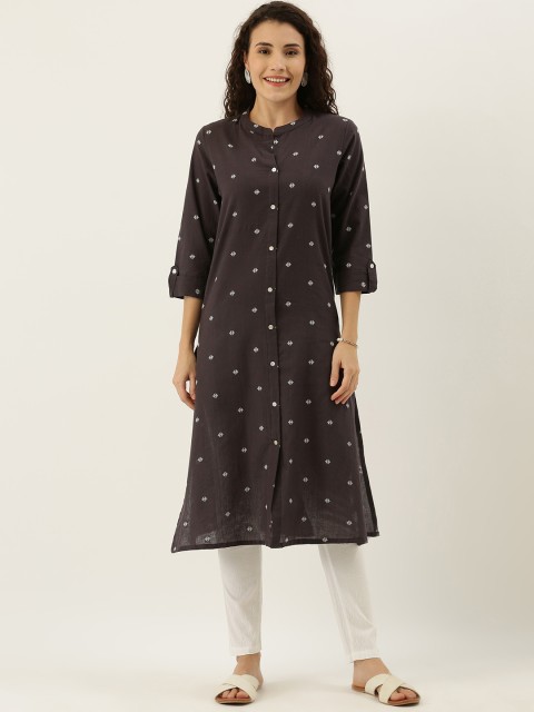 

FLAVIDO Women Black & White Woven Design A-Line Kurta