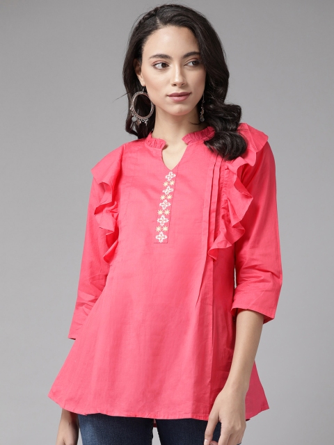 

Anouk Women Pink Embroidered Detail A-Line Pure Cotton Top