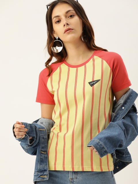 

DILLINGER Women Yellow & Pink Striped Round Neck T-shirt