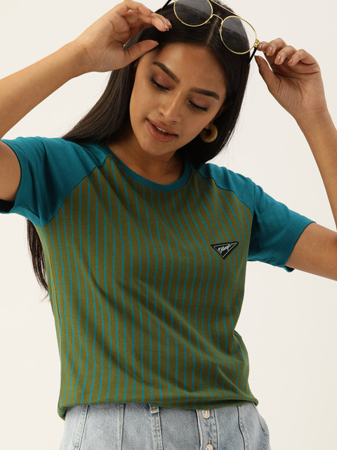 

DILLINGER Women Olive Green Teal Blue Striped Round Neck Pure Cotton T-shirt