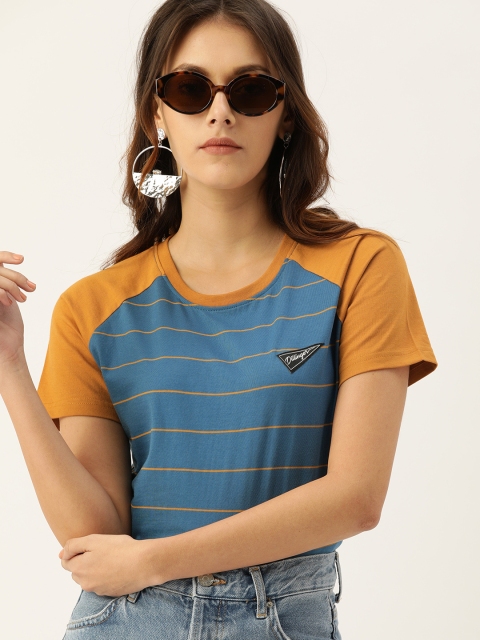 

DILLINGER Women Teal Blue Mustard Yellow Striped Round Neck Pure Cotton T-shirt