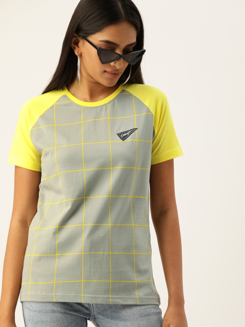 

DILLINGER Women Grey Yellow Checked Round Neck Pure Cotton T-shirt