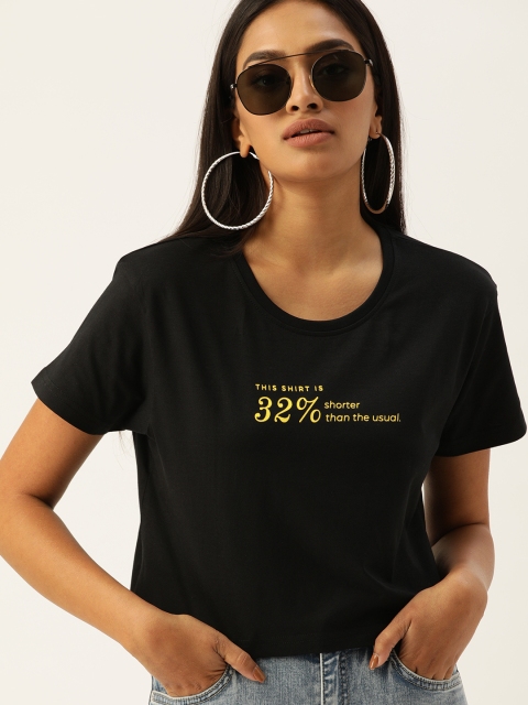 

DILLINGER Women Black Printed Fit Round Neck Boxy Crop Pure Cotton T-shirt