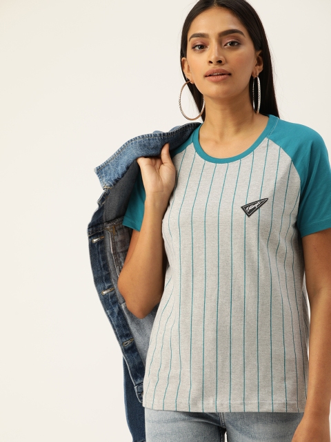 

DILLINGER Women Grey Melange & Blue Striped Round Neck T-shirt