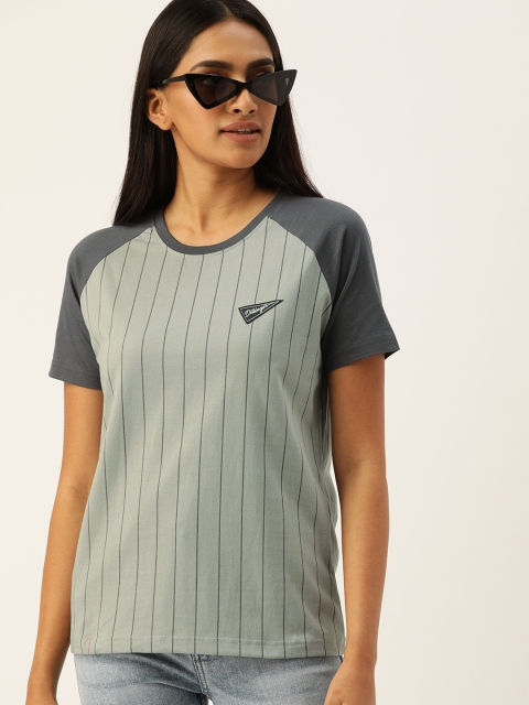 

DILLINGER Women Grey Striped Round Neck Pure Cotton T-shirt