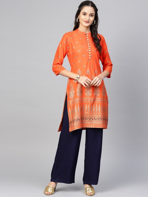 

Ginni Arora Label Women Orange & Golden Foil Block Print Straight Kurta