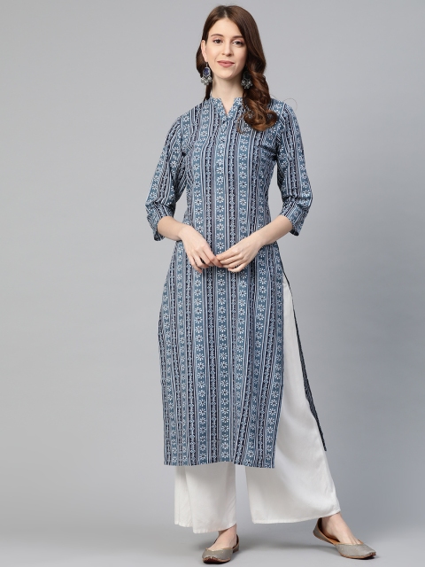 

Ginni Arora Label Women Grey & Navy Blue Striped Straight Kurta