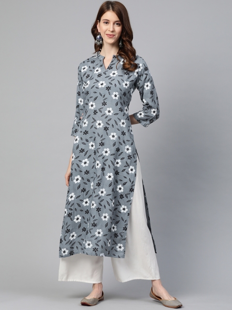 

Ginni Arora Label Women Grey & Navy Blue Floral Print Straight Kurta