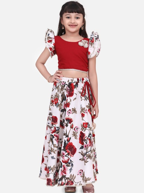 

Cutiekins Girls Red & White Floral Printed Ready to Wear Lehenga with Blouse