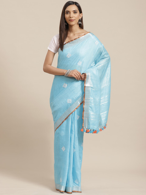 

Kalakari India Blue & White Embroidered Bhagalpuri Handloom Sustainable Saree