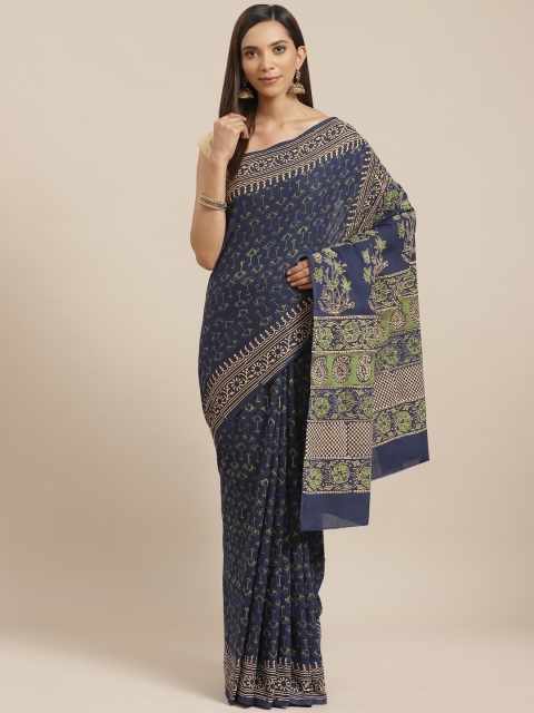 

Kalakari India Navy Blue & Beige Ethnic Block Print Handloom Sustainable Saree