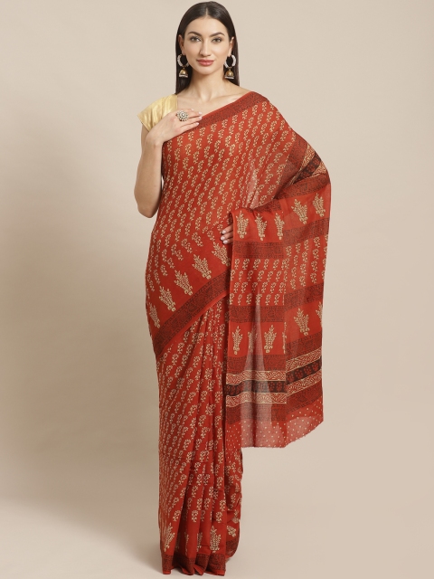 

Kalakari India Rust Orange & Beige Block Print Handloom Sustainable Saree
