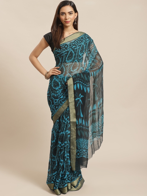 

Kalakari India Blue & Black Pure Chiffon Block Print Sustainable Saree