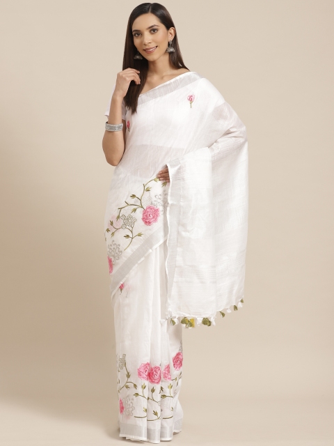 

Kalakari India White & Pink Embroidered Border Bhagalpuri Handloom Saree