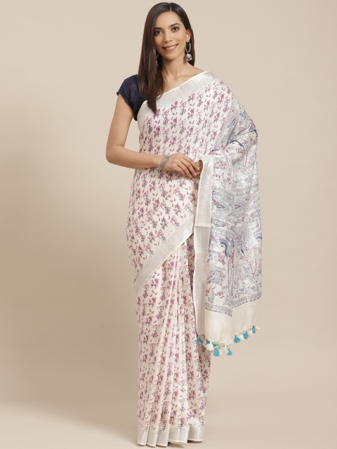 

Kalakari India Off-White & Pink Madhubani Woven Design Handloom Bhagalpuri Saree