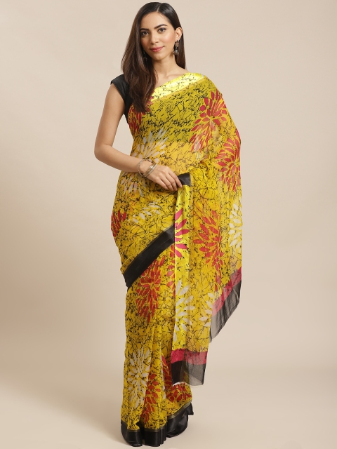 

Kalakari India Yellow & Red Floral Printed Block Print Sustainable Saree