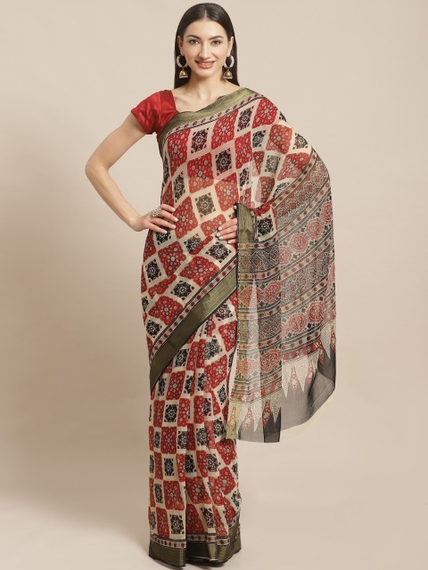 

Kalakari India Beige & Red Pure Chiffon Block Print Handloom Saree