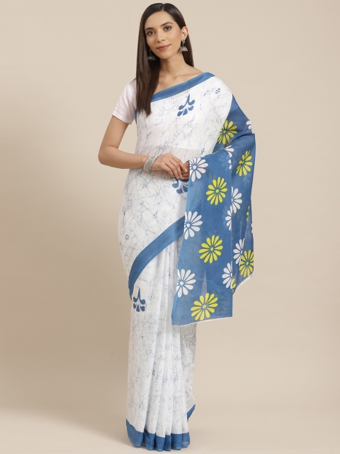 

Kalakari India White & Blue Batik Handloom Block Print Saree