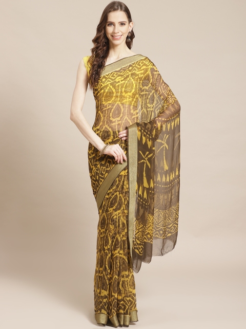 

Kalakari India Yellow & Brown Pure Chiffon Handblock Print Handloom Sustainable Saree