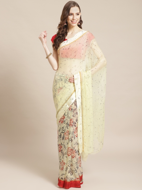 

Kalakari India Beige & Red Pure Chiffon Handblock Print Handloom Sustainable Saree