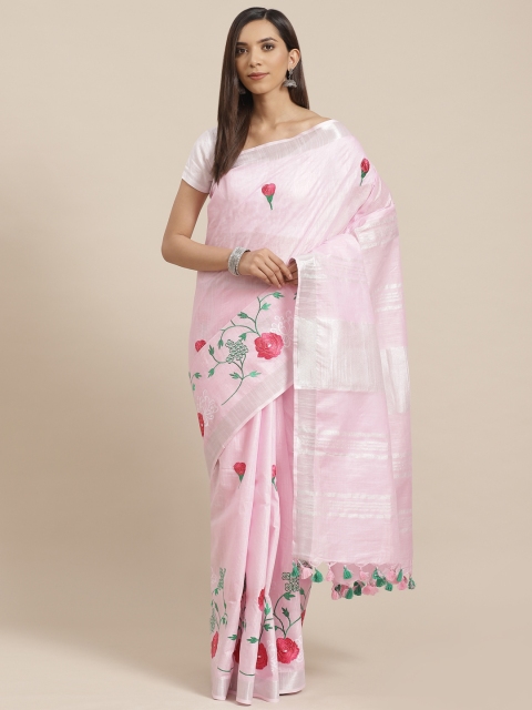 

Kalakari India Pink & Green Floral Embroidered Handloom Bhagalpuri Saree