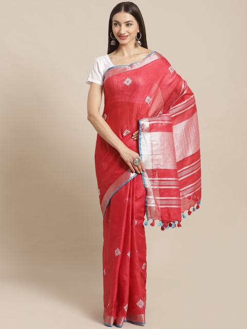 

Kalakari India Red & Silver Embroidered Bhagalpuri Handloom Saree