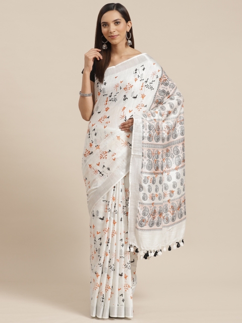 

Kalakari India White & Black Handwoven Handloom Warli Print Bhagalpuri Saree