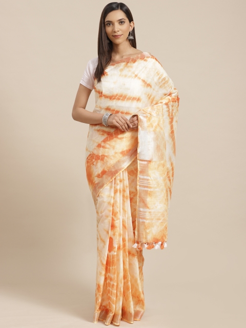 

Kalakari India Cream-Coloured & Orange Shibori Dyed Bhagalpuri Sustainable Saree