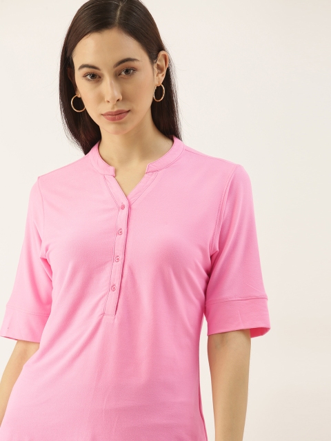 

her by invictus Pink Solid Pure Cotton Mandarin Collar Regular Knitted Top