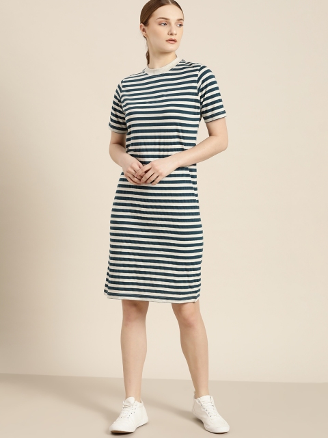 

her by invictus Off White & Teal Blue Cotton Striped T-shirt Dress