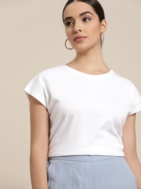 

her by invictus Women White Solid Pure Cotton T-shirt