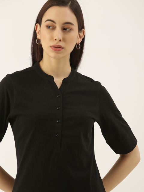 

her by invictus Black Solid Pure Cotton Mandarin Collar Regular Knitted Top