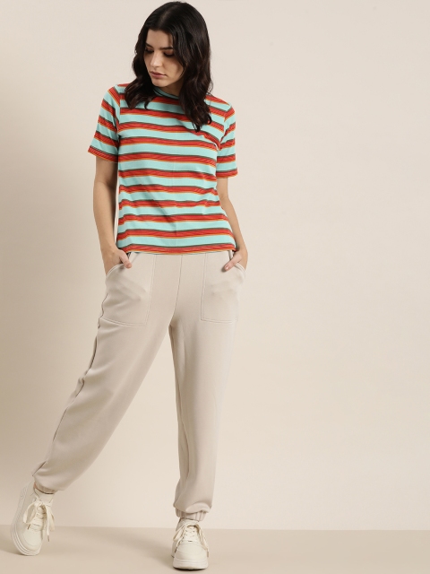 

her by invictus Women Multicoloured Green, Red & Orange Striped T-shirt, Multi