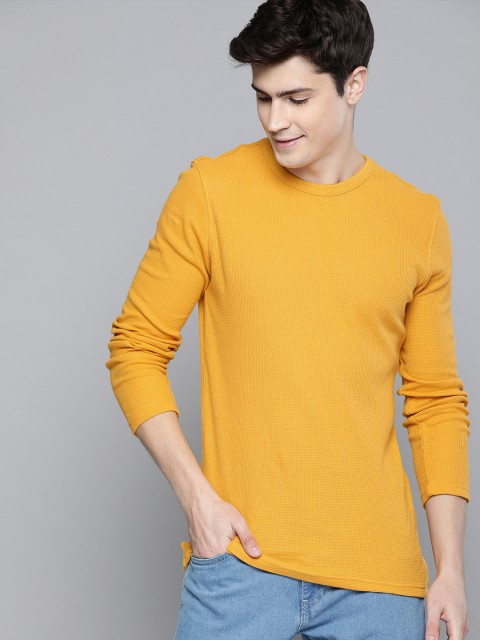 

Mast Harbour Men Mustard Yellow Self Design Round Neck Pure Cotton T-shirt
