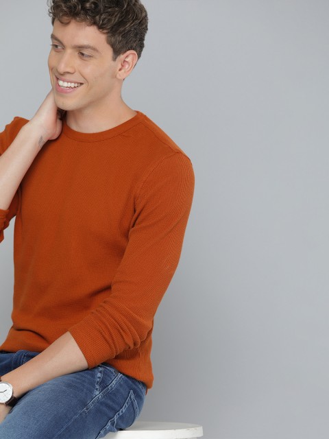 

Mast & Harbour Men Rust Brown Self Design Round Neck T-shirt